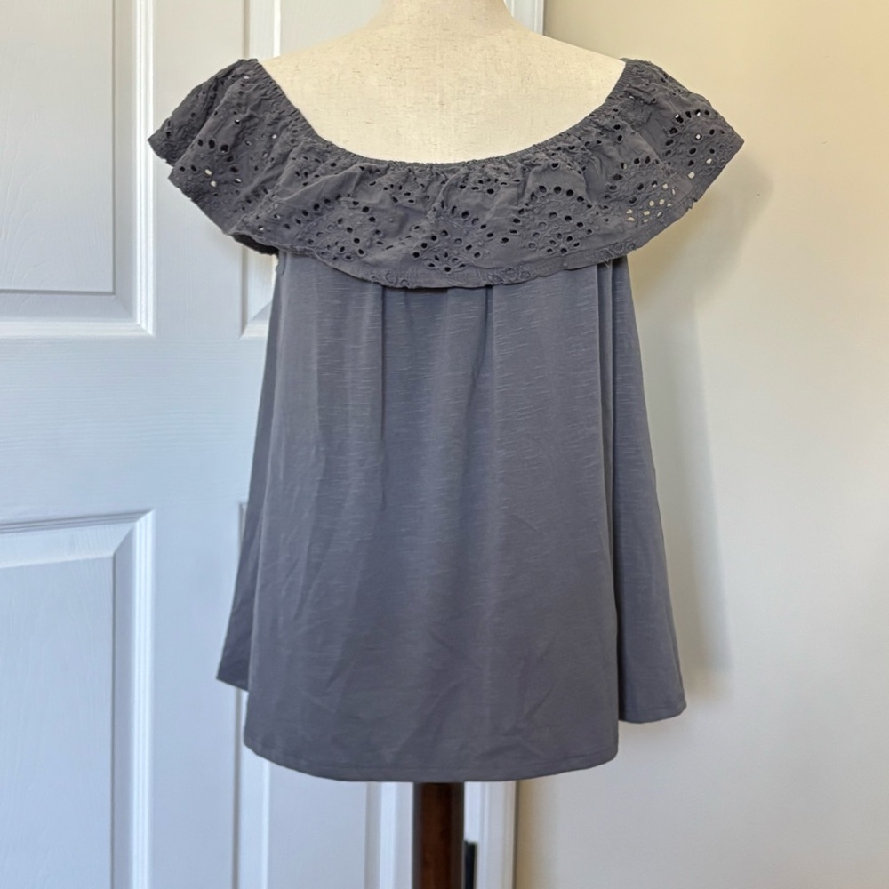 Lane Bryant Grey Eyelet Ruffle Off Shoulder Tee 18/20